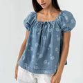 european and american new arrival cross-border  short printed tie-waist washed bubble sleeve women's denim top