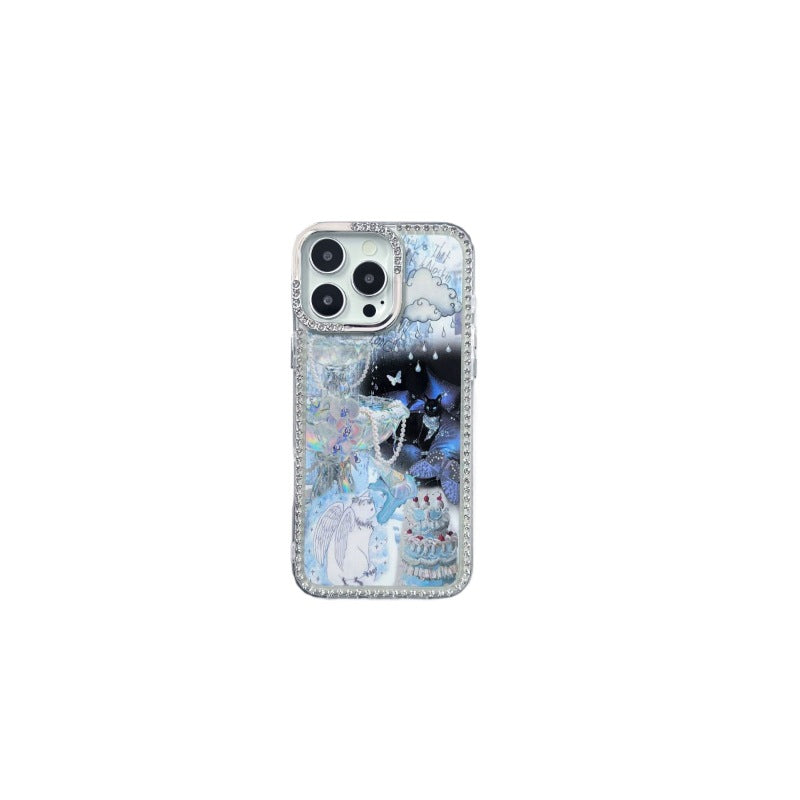 Angel black and white cat design iphone 17 air glitter diamond star phone case, apple 16 pro rhinestone protective cover