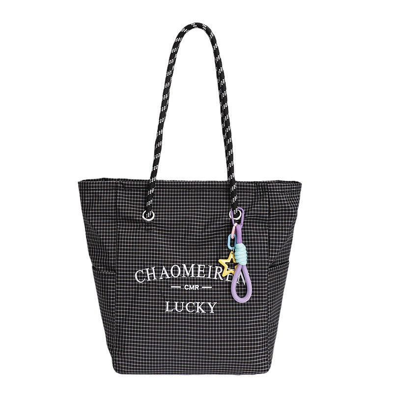 Korean style minimalist canvas tote bag for women, 2025 new arrival, super popular large capacity tote, plaid striped versatile shoulder bag