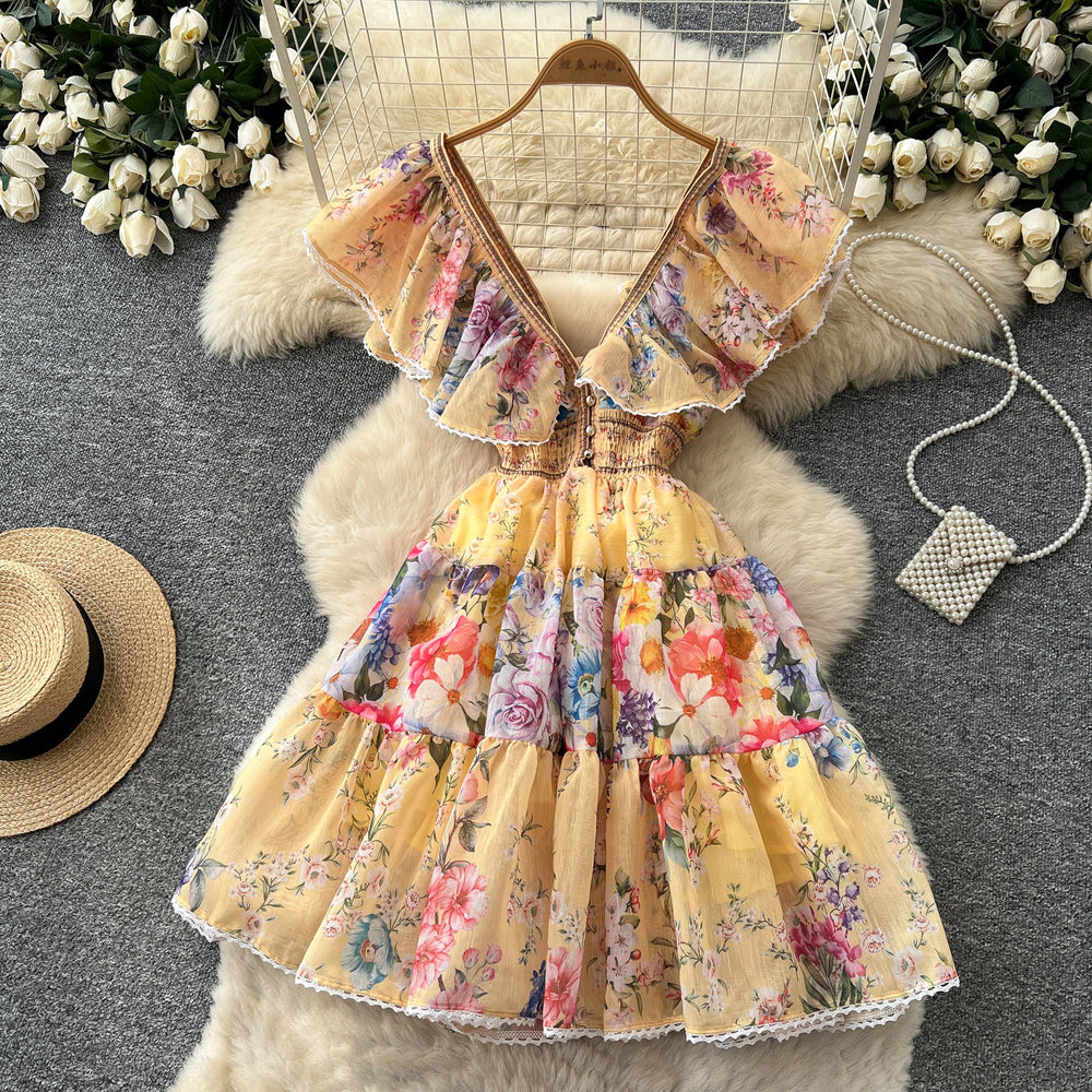French riviera v-neck ruffle sleeve floral dress - women's summer princess style slimming a-line mini dress