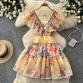 French riviera v-neck ruffle sleeve floral dress - women's summer princess style slimming a-line mini dress