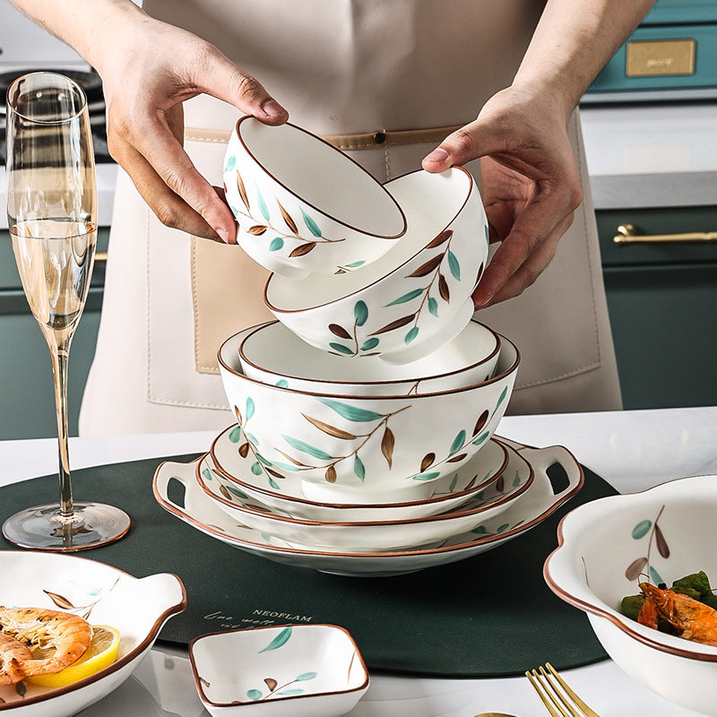 Nordic hand-painted leaf ceramic dinnerware set - includes plates, bowls, and dishes with handles for home use: dinner plates, vegetable plates, fish plates, noodle bowls, and snack dishes
