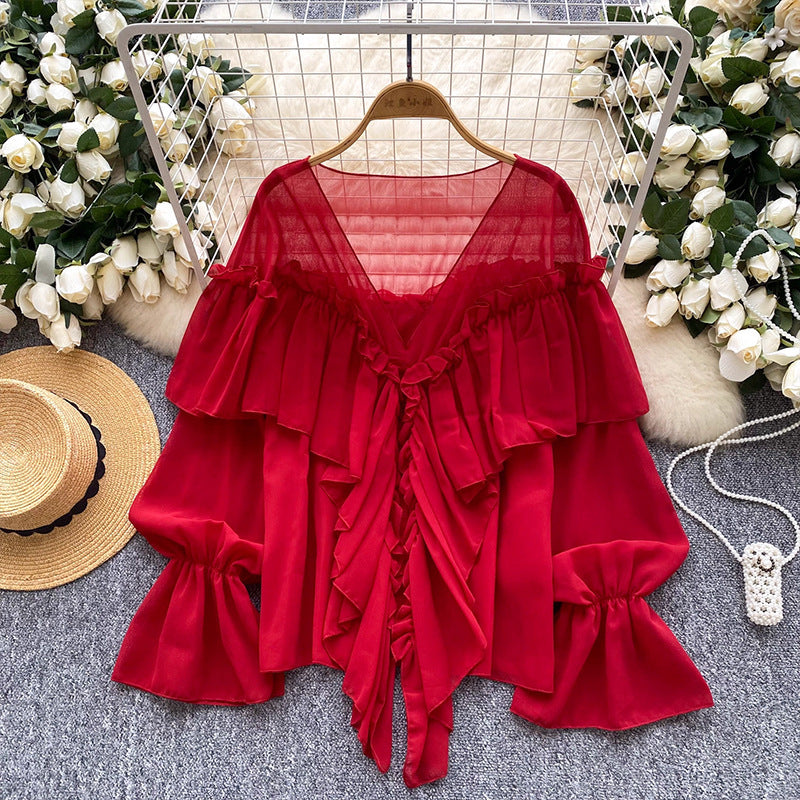 cross-border 2026 summer lazy style elegant socialite rufflespatchwork bell sleeve chiffon shirt loose shirt