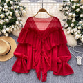 cross-border 2026 summer lazy style elegant socialite rufflespatchwork bell sleeve chiffon shirt loose shirt