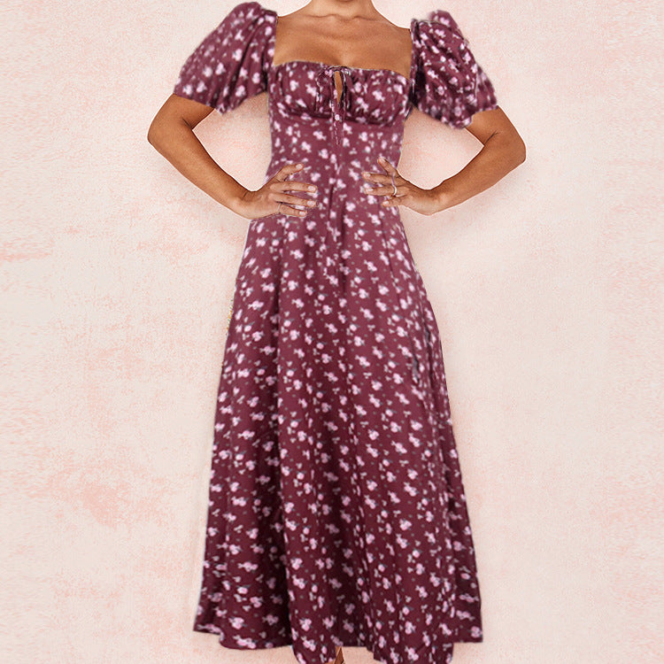 cross-border e-commerce women's fashion: european and american summer new arrivals - french chic floral print spaghetti strap slit dress