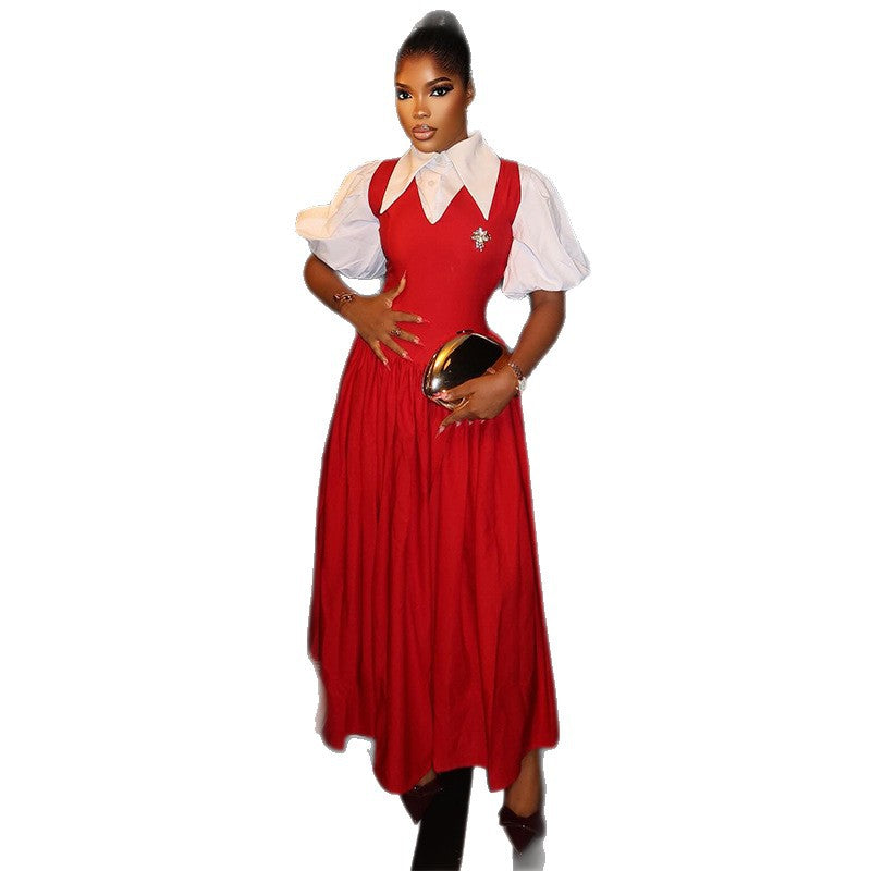 European and american style women's summer  elegant bubble sleeve blouse collar high waist slimming dress - faux two-piece