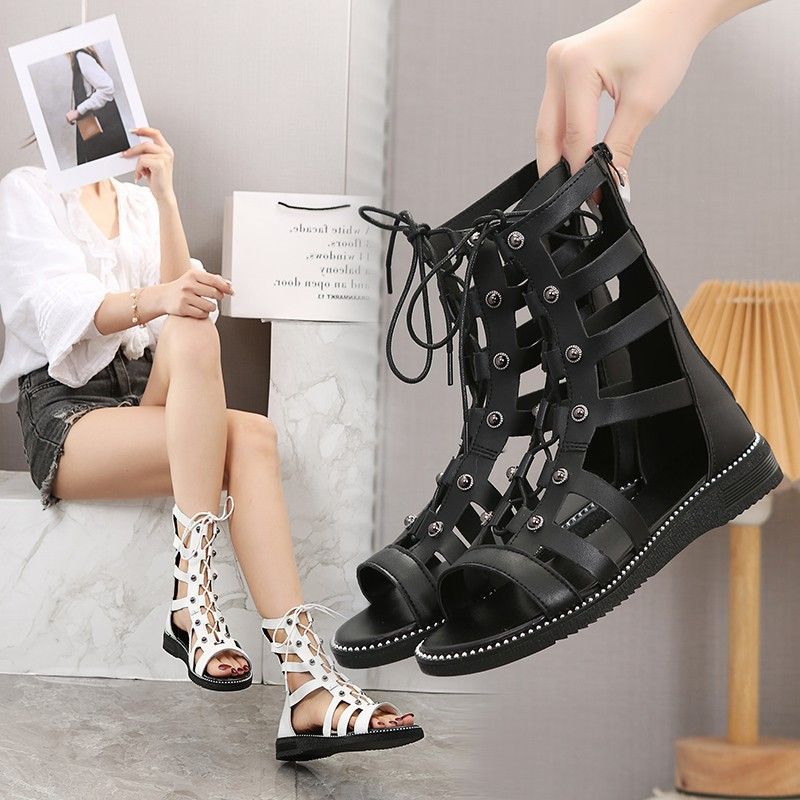 summer new high-top sandals women's foreign trade plus size roman rivet cutout back zipper flat sandals