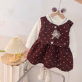 Girllong sleeves round neck patchwork skirt spring & fall dress one-year-old dress for kids baby girl bear polka dot bows style skirt