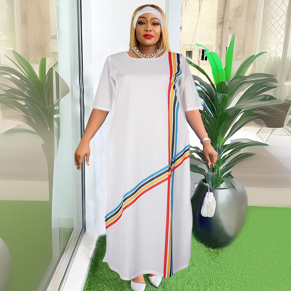 Aliexpress  cross-border supply african plus size european and american women's clothing colorfulstripesdress with headscarf