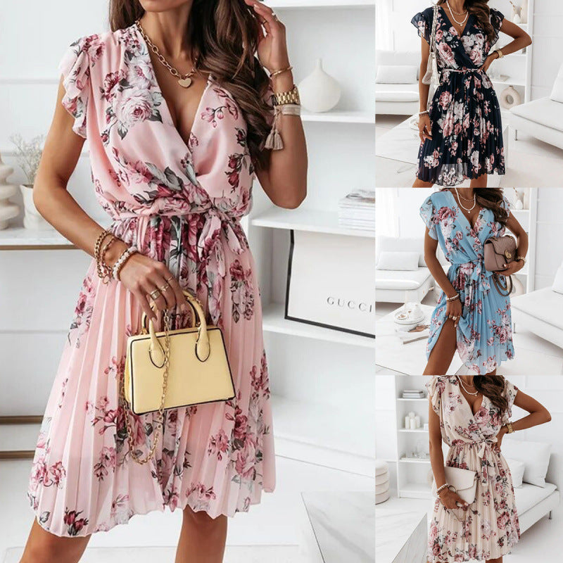 Dresssummernew arrival women best selling flutter sleeves waist floral pleated skirt