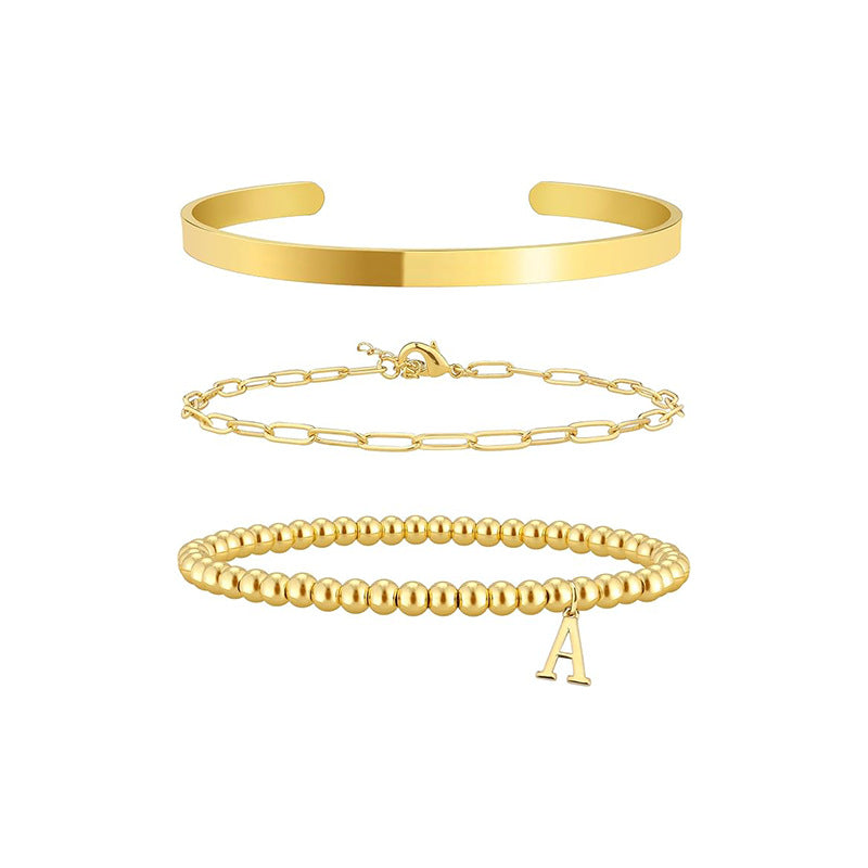 26 letter pendant gold beads beaded bracelet handmade paper clip glossy bracelet three-piece set bracelet jewelry