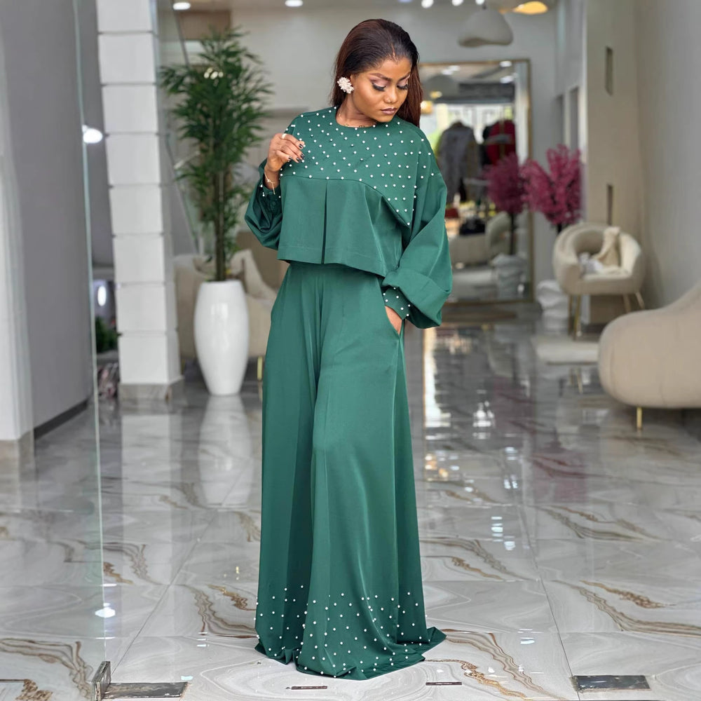 European and american cross-border women's fashion  spring new arrival: elegant round neck beaded lantern sleeve top and wide leg pants set