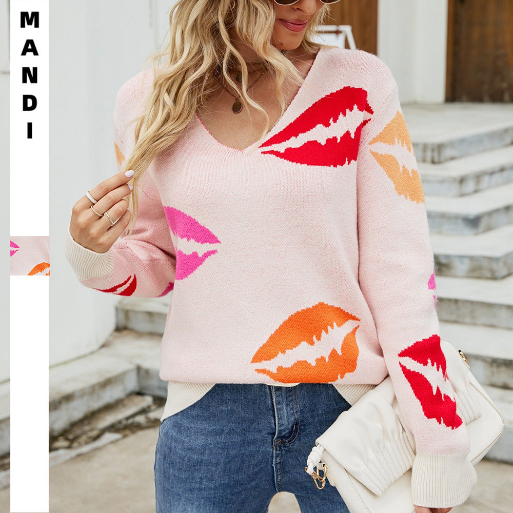 Cross-border European and American women's clothing 2025 autumn and winter new   KISS lip V-neck core-spun yarn pullover sweater