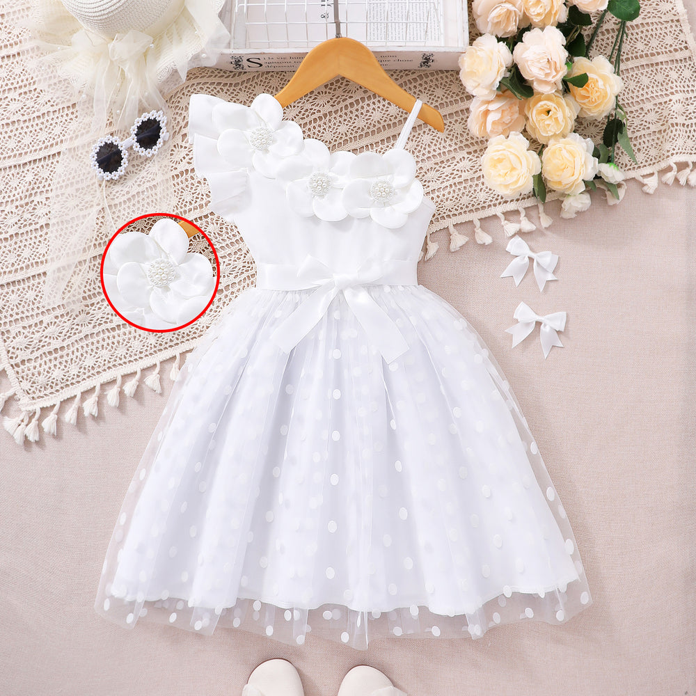 Girls' dress for toddlers and young children, 3d floral appliqué polka dot mesh dress