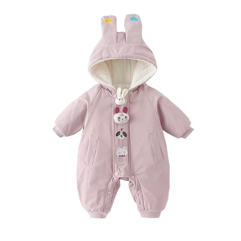 Baby girl winterfleece-lined jumpsuit winter thickenedheattech cartoon cute jacket climbing suit hooded khaki