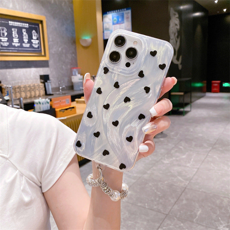 Feather yarn silver suitable for iphone16pro small heart protective case apple 12/14 pearl diamond chain hard protective case