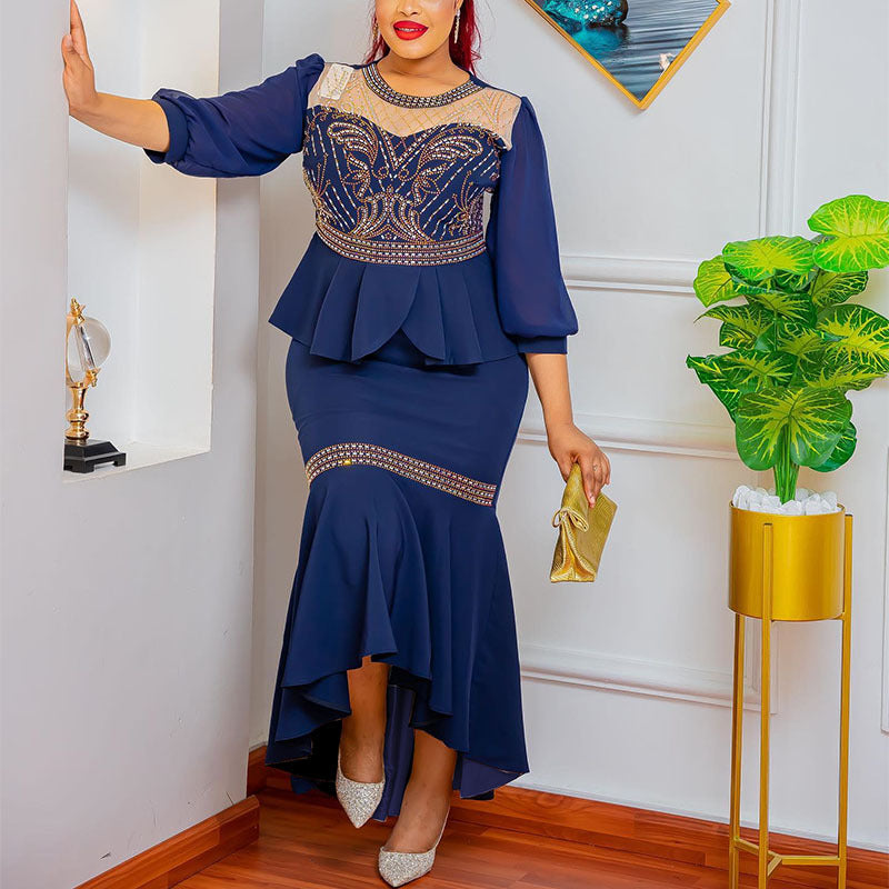 new african cross-border fashion: mesh panel solid color rhinestone two-piece set
