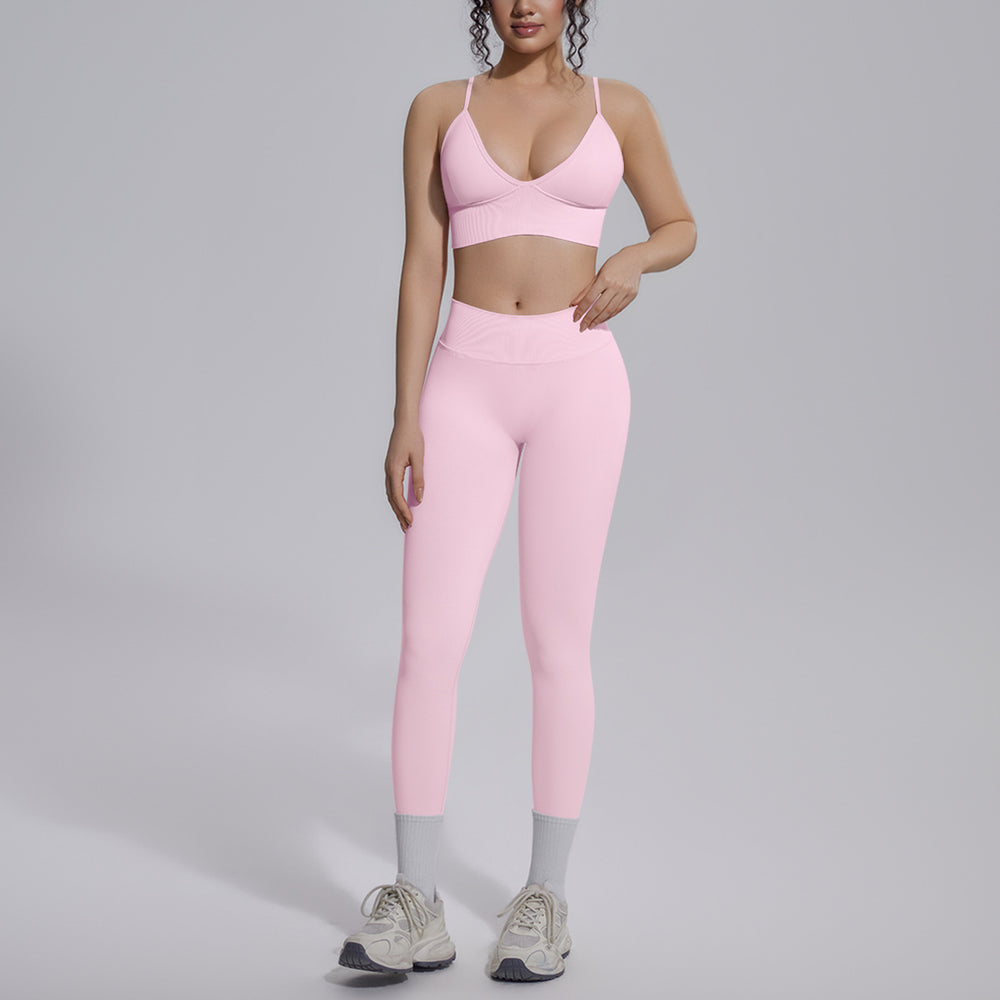 seamless pure color high waist beautiful back tight breathable high elastic yoga suit sports running fitness two-piece set