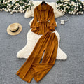 Light mature style casual strappy waist long sleeves single-breasted shirt women's high waist wide-leg straight-leg pants loose two-piece set