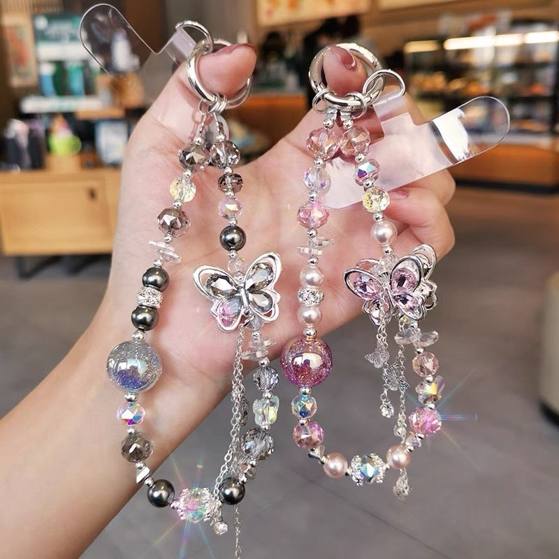 Classy heavy industry diamond-encrusted butterfly pendant colorful round beads ins style crystal beaded bag wrist style mobile phone chain