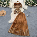 Classy suit women's summer strap waist stereo flower short sleeve ruffle hem topshigh waistpleated skirt