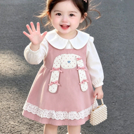 Girls' dress - spring/autumn  new collection - baby girl faux two-piece doll collar princess dress - stylish bunny dress for toddlers