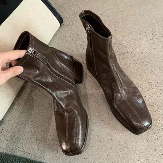Influencer-approved korean-style square-toe, washed horsehide, slim-fit ankle boots for women. new autumn collection featuring chunky heels and a trendy bare-leg design