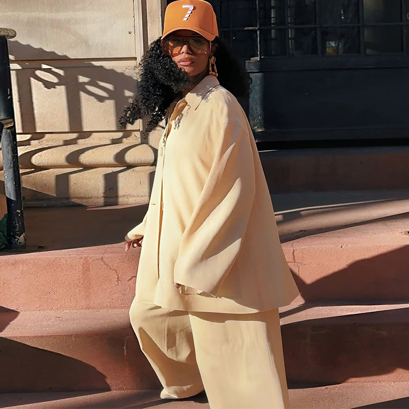 European and american cross-border women's fashion:  summer new collection - stylish turn-down collar, relaxed fit long sleeve shirt and high-waisted wide leg pants set