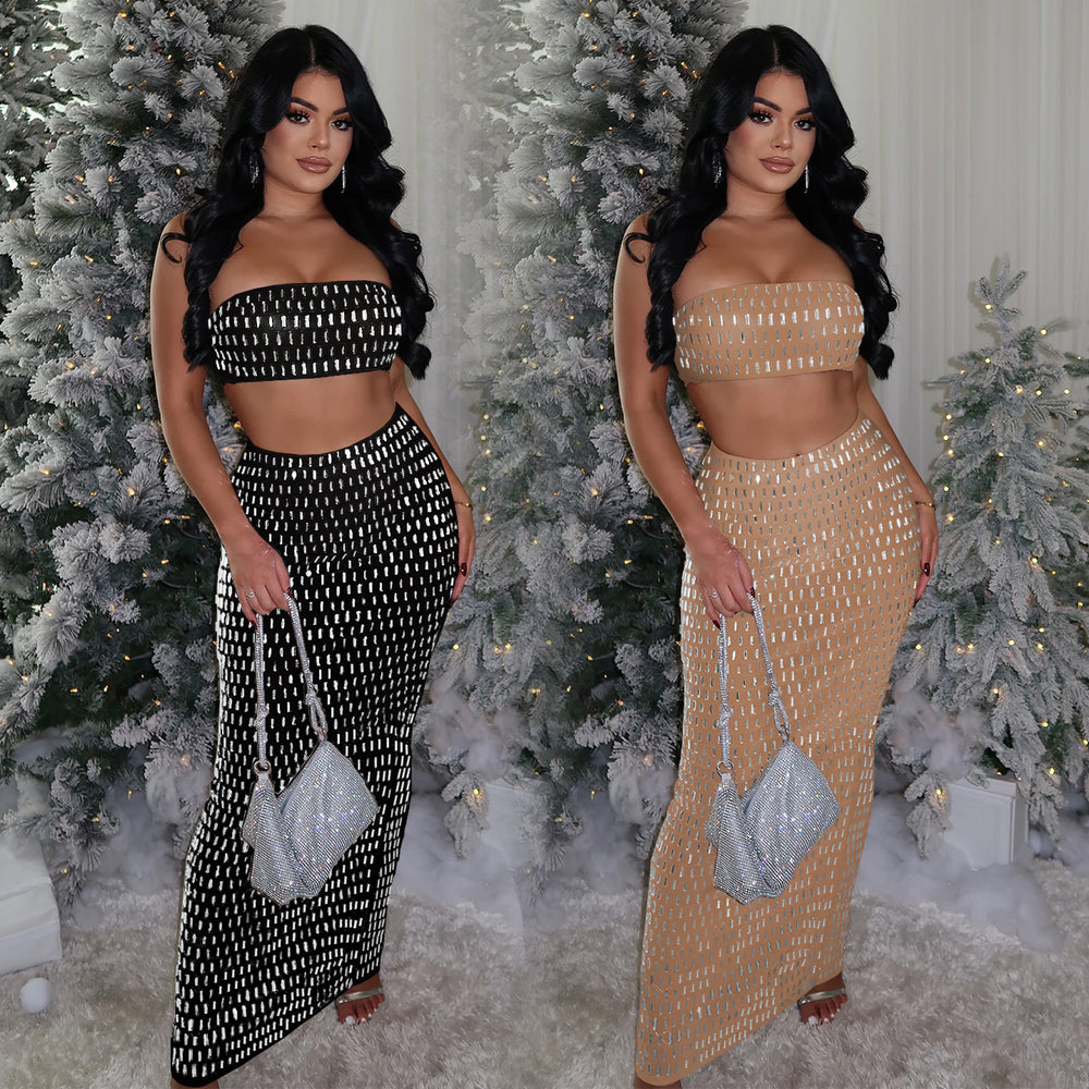 C7222 cross-border   fashion women's sexy bandeau hotfix rhinestone bodycon maxi dress two-piece set