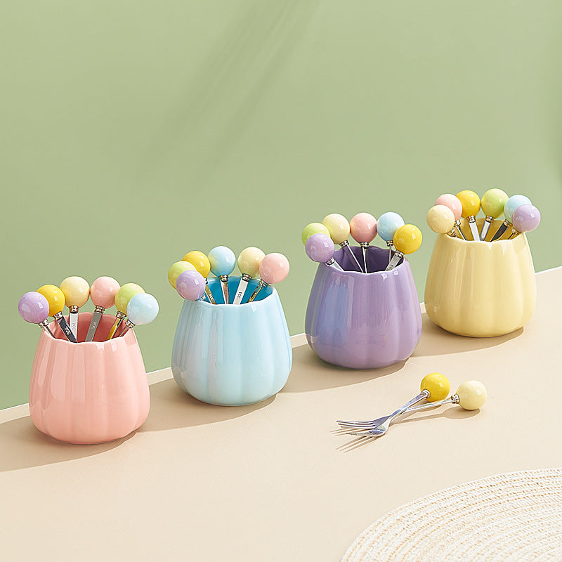 Dopamine color mixing stainless steel fruit forks, high-value afternoon tea dessert fork and spoon set with ceramic storage jar