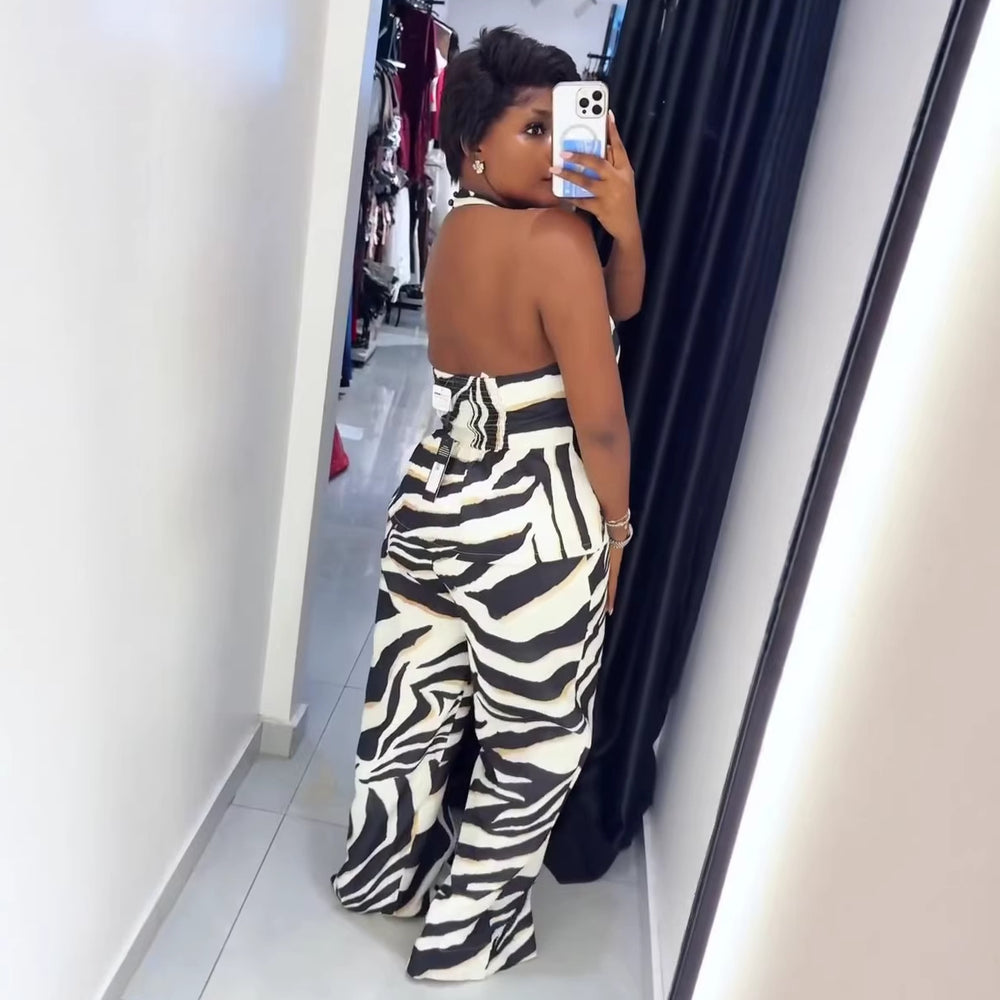 European and american cross-border african women's clothing  summer new arrival: elegant v-neck sleeveless backless top and high-waisted pants set