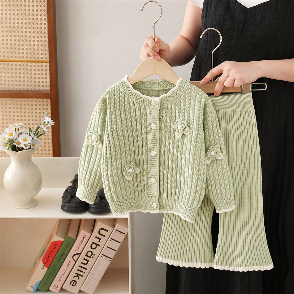 Girls' knit sweater jacket & pants set - new  collection with handmade floral accents