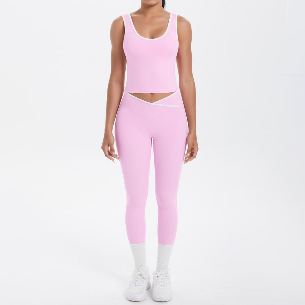 Cross high waist sports suit women's contrast color nude tight yoga clothes quick-drying breathable outdoor running fitness suit