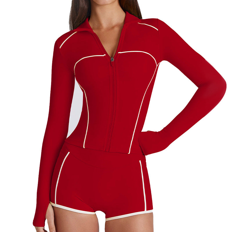 Contrast color bra tops long sleeves short sleeves pants shorts skirts pleated skirts zipper outwear yoga clothes six-piece suit