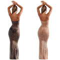 C6726 cross-border   fashion women's solid color mesh rhinestone suspender maxi dress