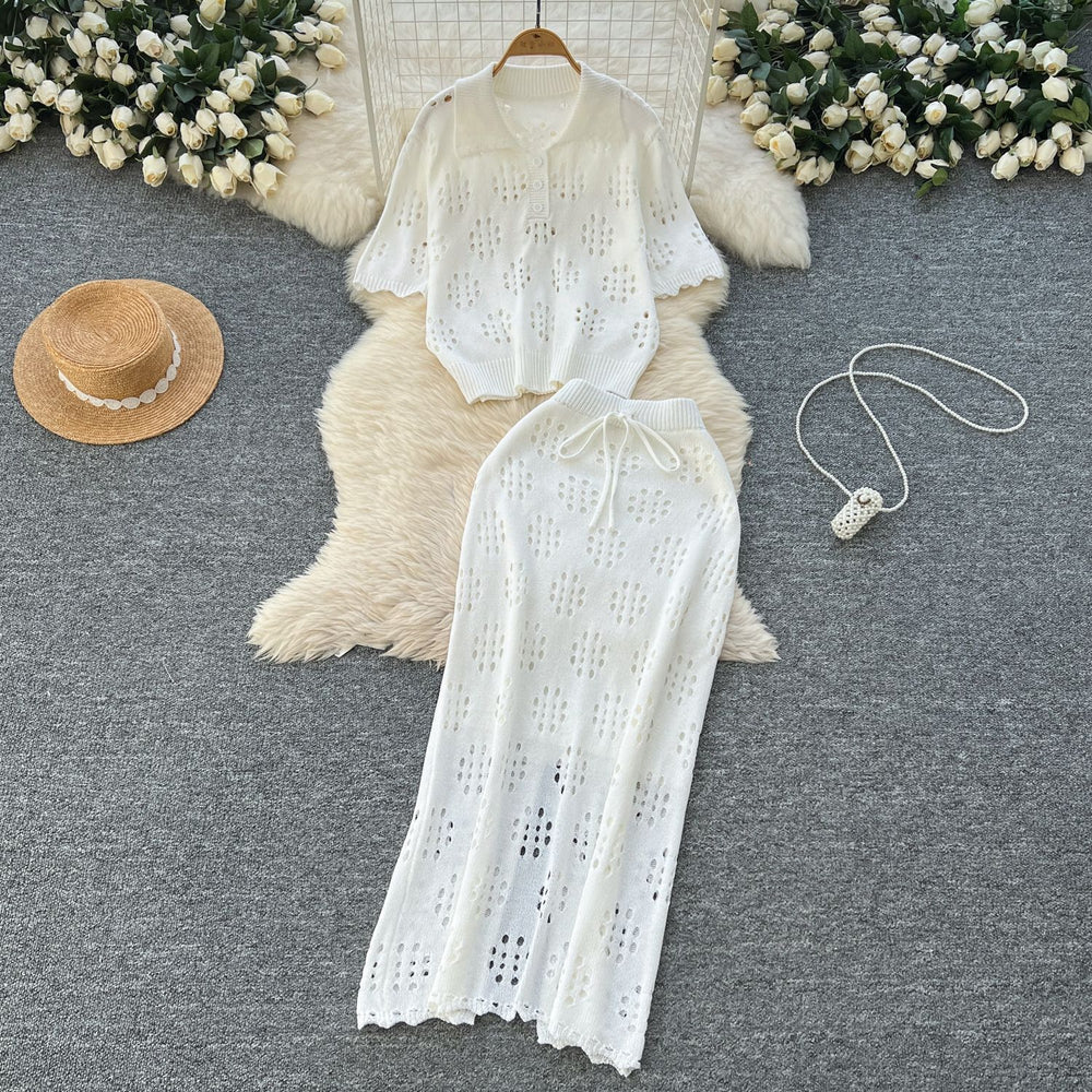Cut out age reduction suit female k-stylefashionlooseeasiest for match lapel short-sleeved knittingtopshigh waist silm skirt