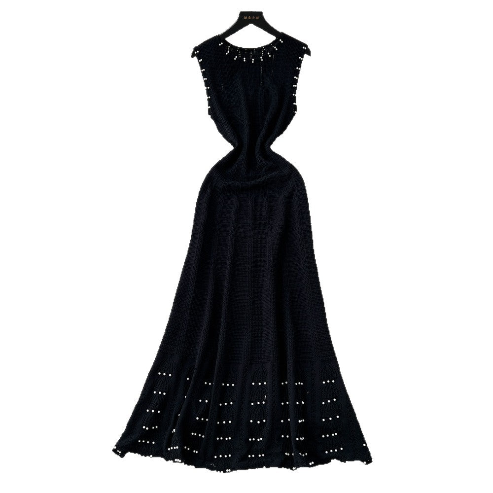 French chic high-end beaded sleeveless dress - women's slimming a-line knit maxi dress with round neck