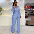 European and american style women's clothing  spring new collection: sweet and fresh turn-down collar single-breasted long sleeve blouse and high-waisted straight-leg pants two-piece set