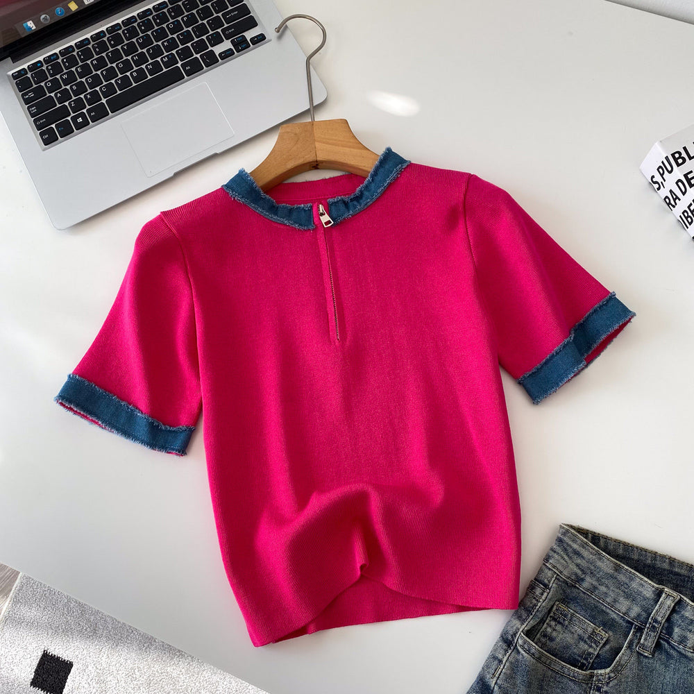 Korean style color block knit top - women's summer short sleeve crew neck half-zip cardigan - versatile, trendy, and designer-inspired top
