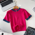 Korean style color block knit top - women's summer short sleeve crew neck half-zip cardigan - versatile, trendy, and designer-inspired top