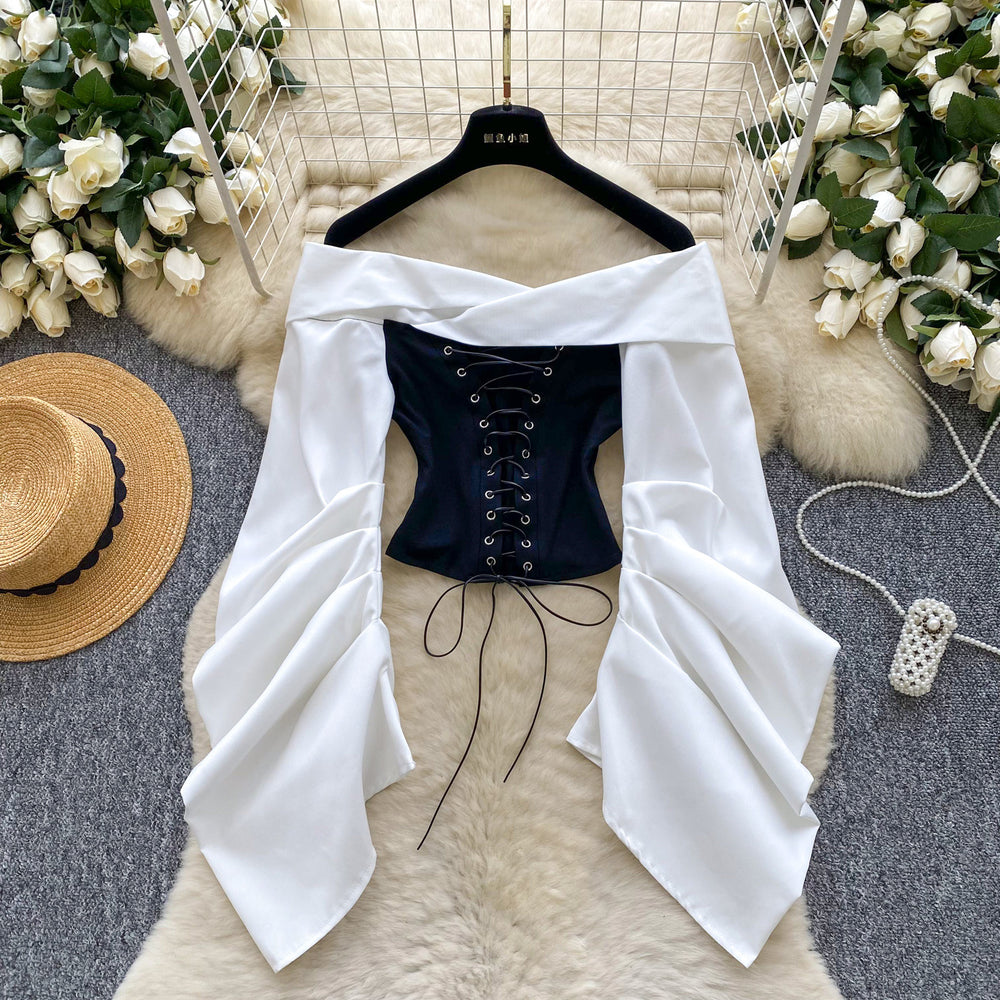European and american women's clothing 2025 autumn new design: tie-waist, off-the-shoulder, ruched, long-sleeve, slim-fit top
