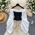 European and american women's clothing 2025 autumn new design: tie-waist, off-the-shoulder, ruched, long-sleeve, slim-fit top