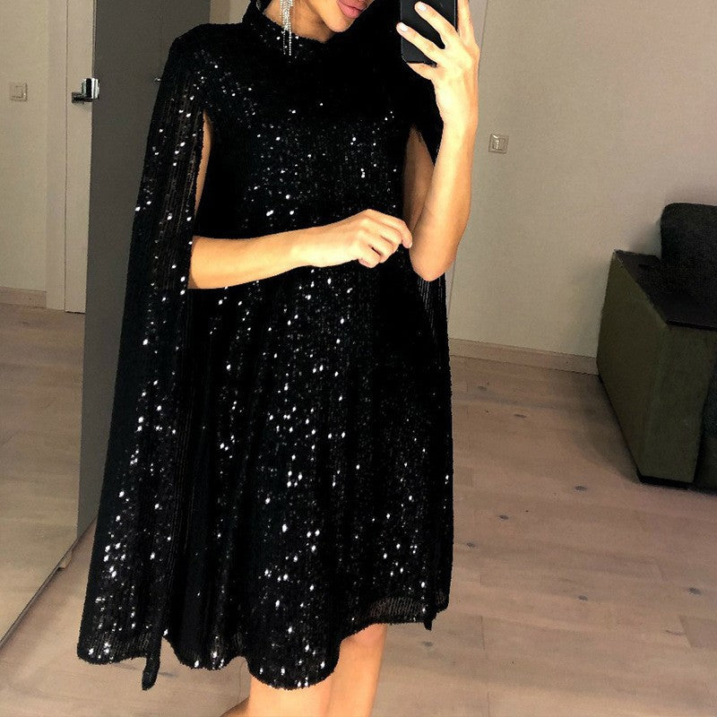 spring new    european and american foreign trade small stand collar sequin dress loose women's clothing