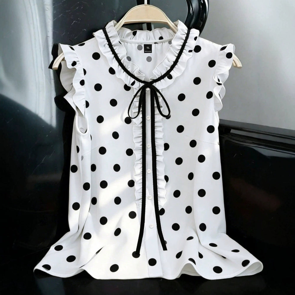 European and american style retro polka dot tank top - plus size, ruffle trim, v-neck design, loose fit, sleeveless top - flattering and concealing