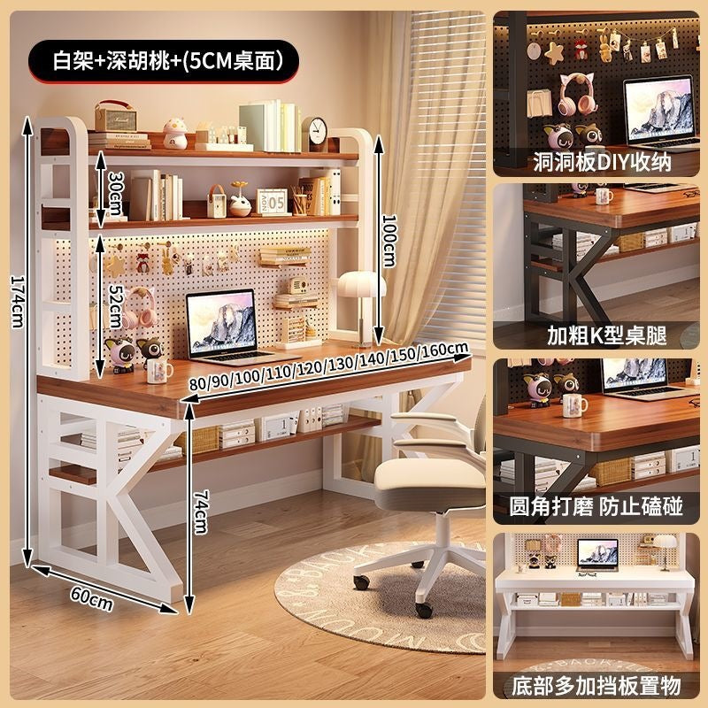 Thickened solid wood desk computer desk for home hole desk bookshelf table all-in-one combination student bedroom office desk