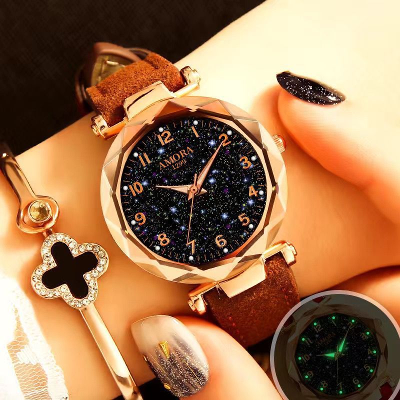 New wholesale women's watches, fashionable and trendy digital face ladies' student starry sky dial quartz wristwatch with leather strap