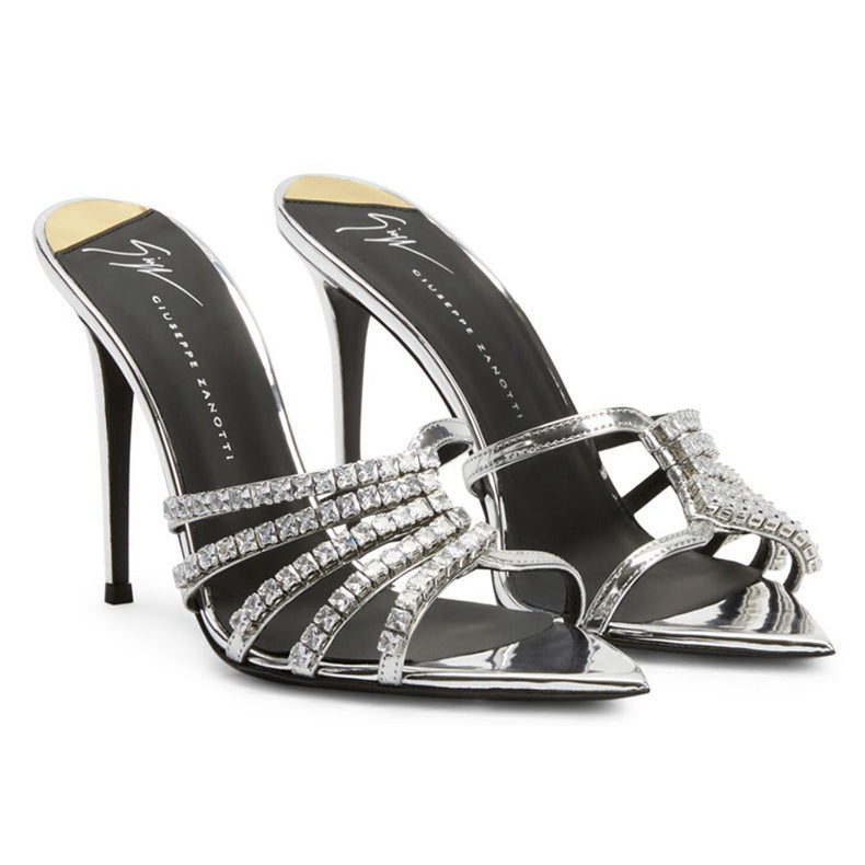 2026 new open-toe pointed-toe rhinestone high heel slippers, stiletto heel slip-on mules, european and american style cross-border rhinestone embellished