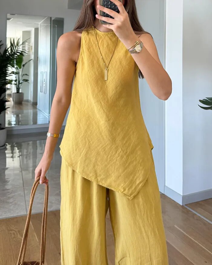 european and american cross-border  summer new arrival: solid color irregular sleeveless top and wide-leg pants two-piece set