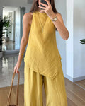 european and american cross-border  summer new arrival: solid color irregular sleeveless top and wide-leg pants two-piece set