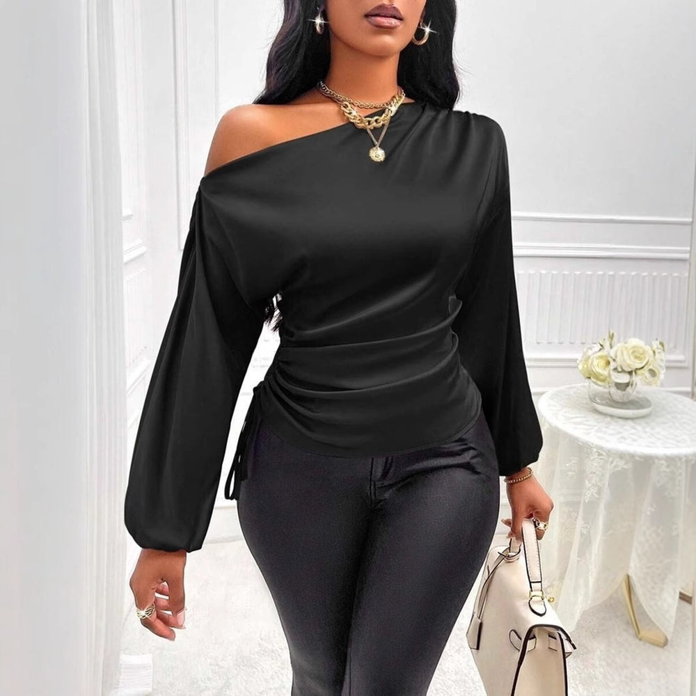 Amazon cross-border fashion new women's satin blouse - spring/summer asymmetrical long sleeve slant neck shirt top